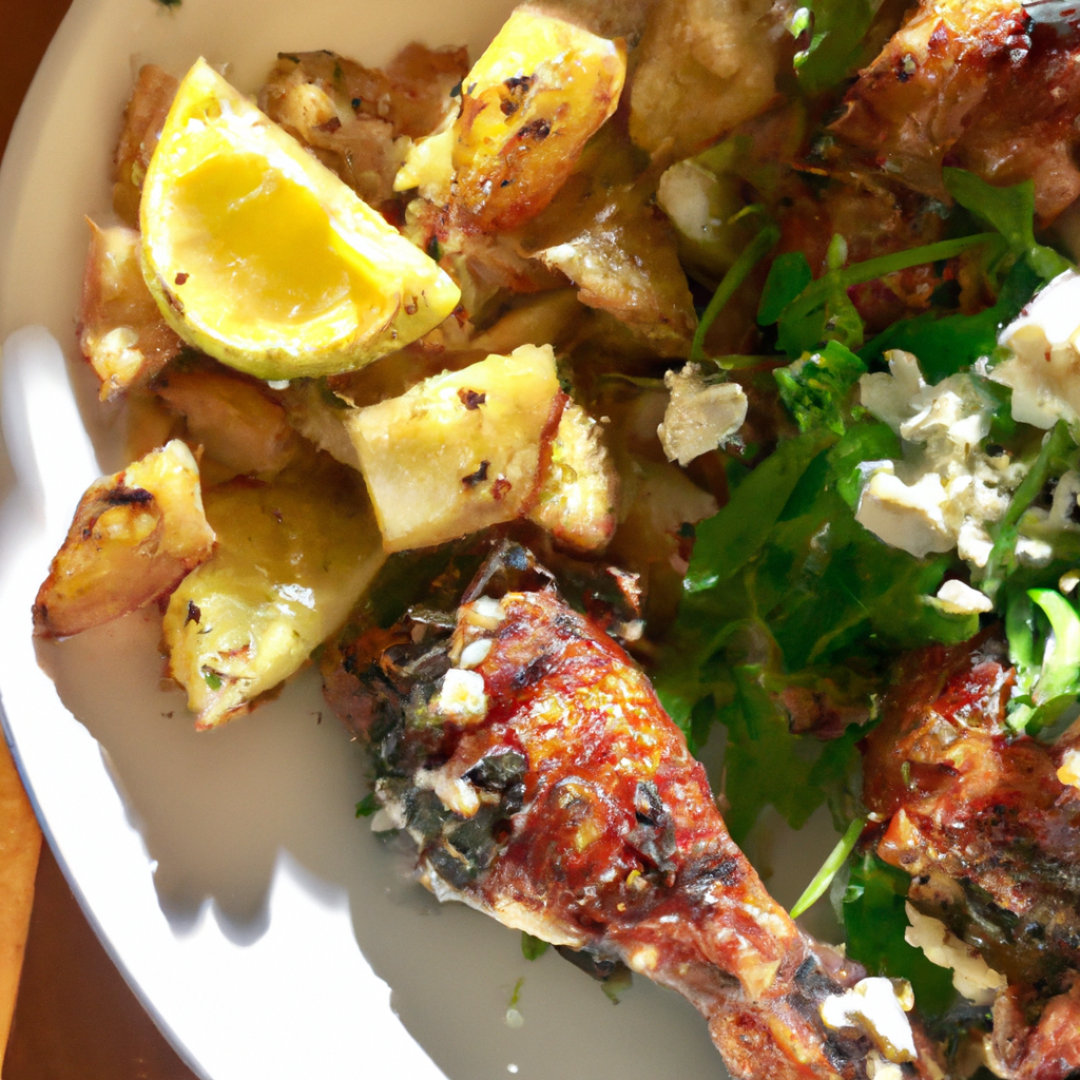 Mouthwatering Greek Delight: Lemon and Herb Roasted Chicken with Crispy Greek Potatoes and Feta Salad